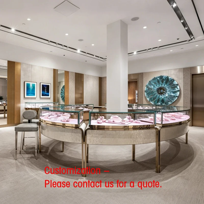 custom.Elegant Jewellery Display, Velvet Upholstered Counter with Champagne Gold Accents