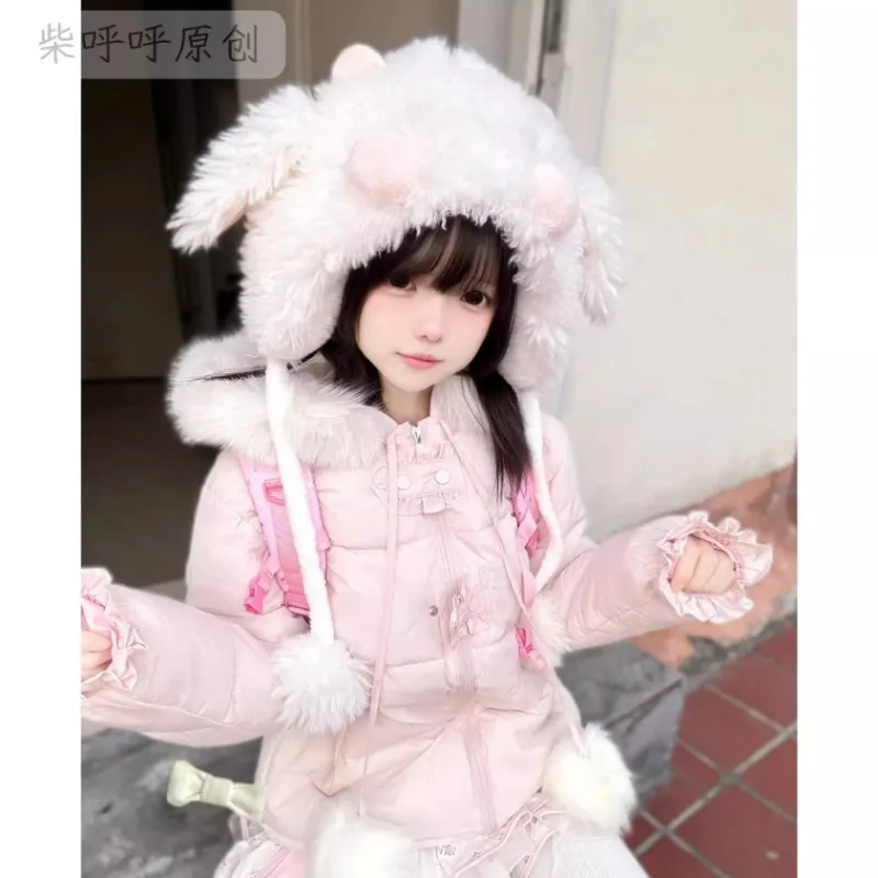 Japonês outono inverno doce e bonito rosa com capuz dedução contínua solto quente moda versátil roupas de algodão para mulher