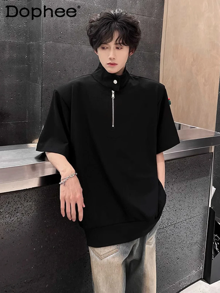 

Fashion Niche Half Zipper Stand Collar T-shirts Men's 2025 Summer New Trendy Loose Tees Male Short-sleeve Solid Color Chic Tops