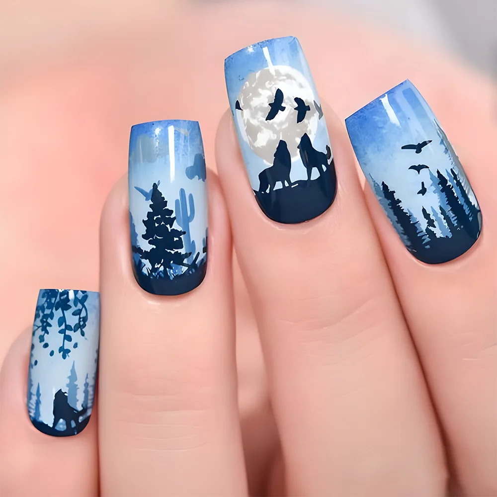 24pcs Moonlit Forest Press-On Nails with Howling Wolf, Flying Birds & Tree Silhouettes, Long Coffin Shape, Assorted Sizes
