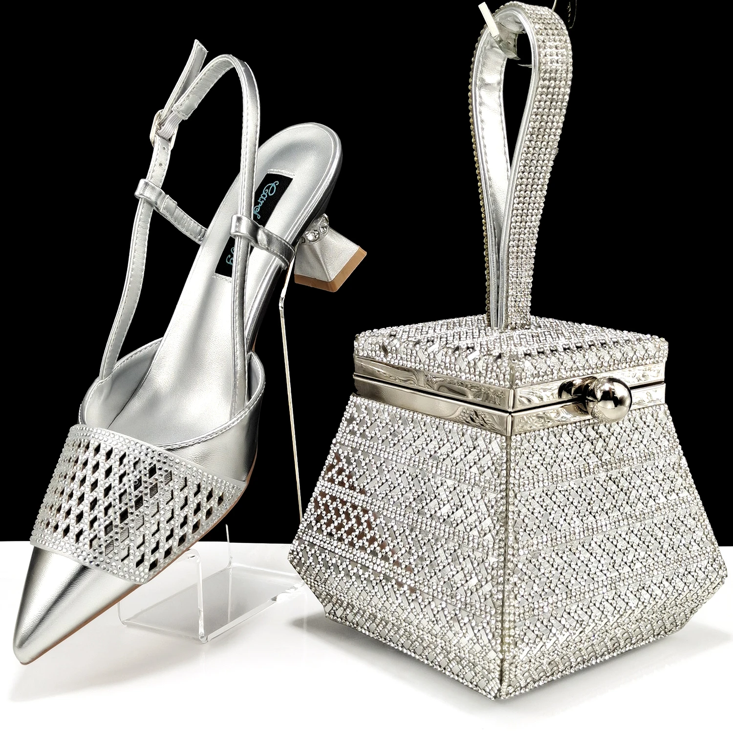 Amazing Sliver Color Rhinestone-encrusted Ladies Party Shoes And Special Bag High Heels And Dual Purpose Mini Bag For Women