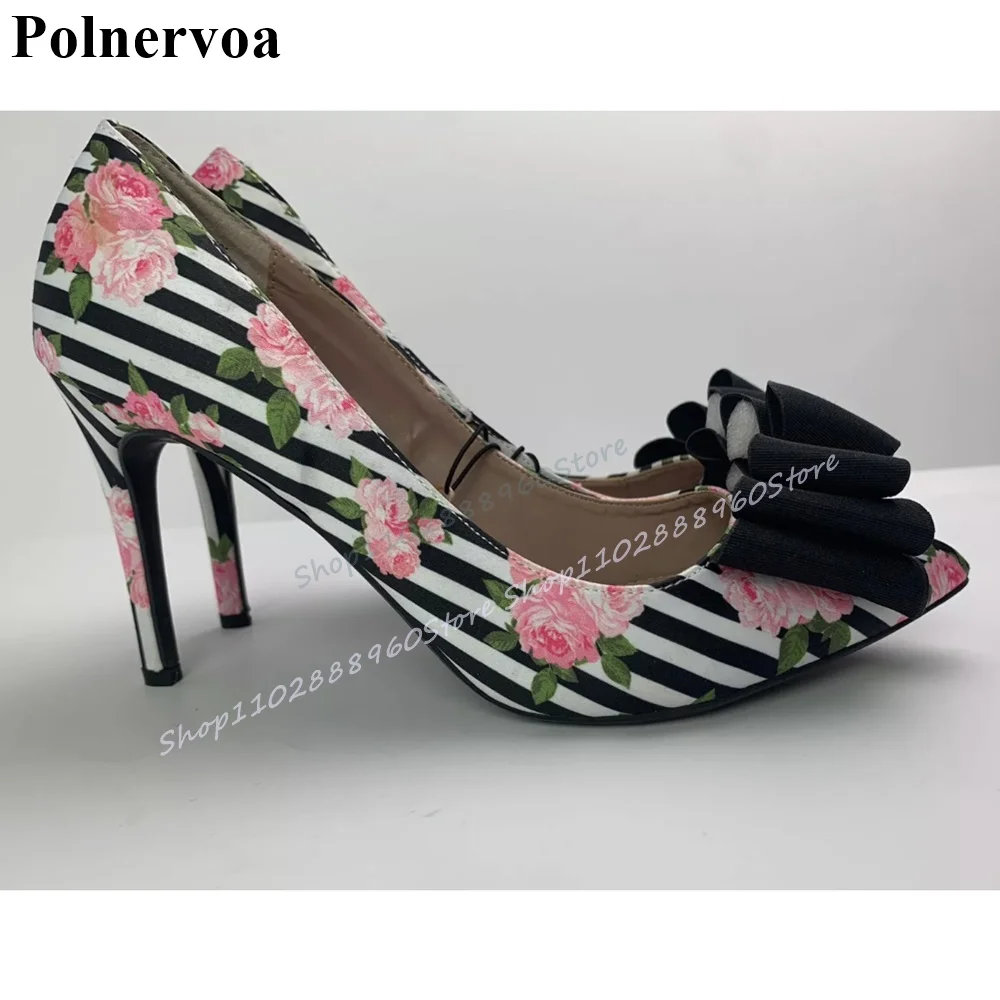 

Trendy Mixed Flower Print Bowknot Decoration Pumps Thin High Heel Shoes For Women Slip On 2026 Fashionable Zapatos Para Mujere