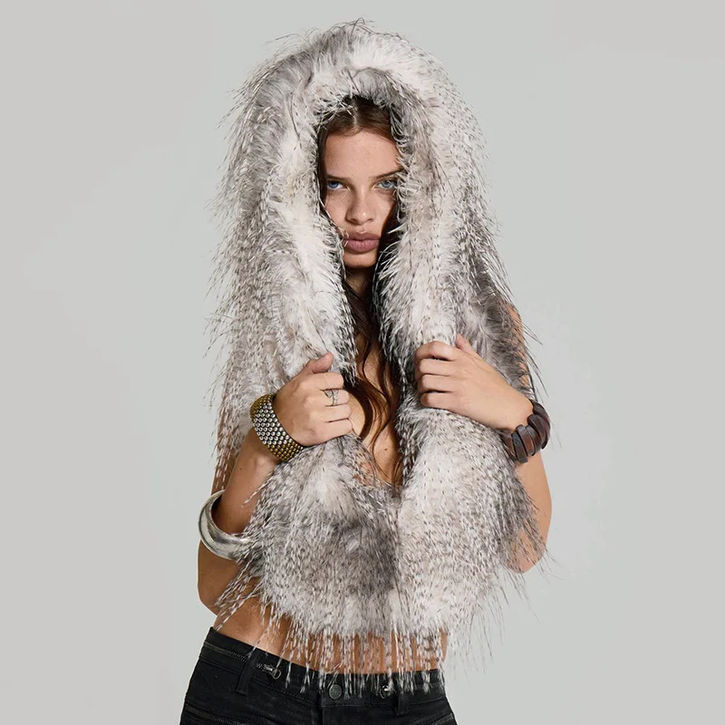 

Fuax Fur Hooded Sleeveless Coat Tops 2025 Fall Winter Women Fashion Sexy Deep V Neck Backless Furry Jackets Warm Outwear
