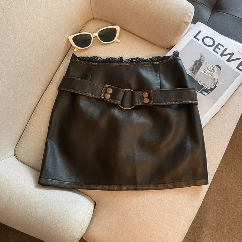 Hottie Sexy Mini Skirt Women Vintage Streetwear Lace Patchwork Pu Leather Skirts Y2K Retro High Waist A Line Autumn Zipper Skirt