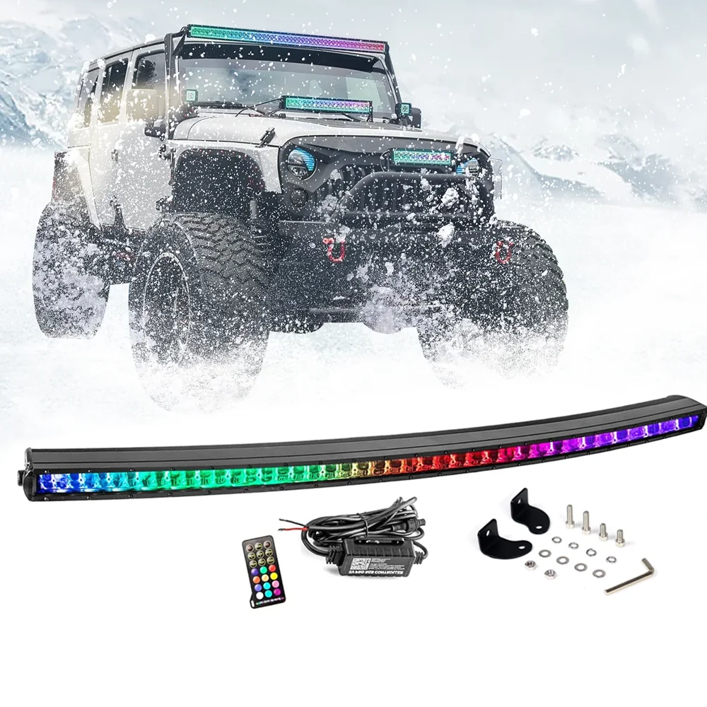 

RGBW 50Inch Curved LED Light Bar With RGB Halo Ring Chasing Light LED Driving Lightbar LED Work Light For Trucks UTV 4WD Pickup
