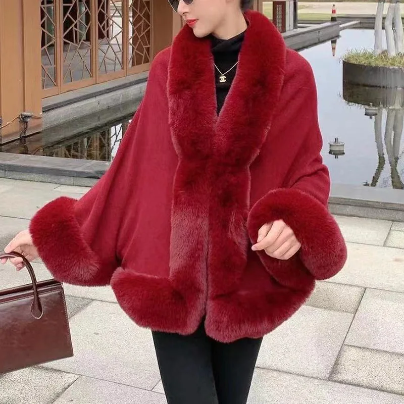 Women Faux Rabbit Fur Shawl Cape Coat Thick Warm Loose Splice Cardigan Open Front Elegant Work Casual Cloak Autumn Winter 2026