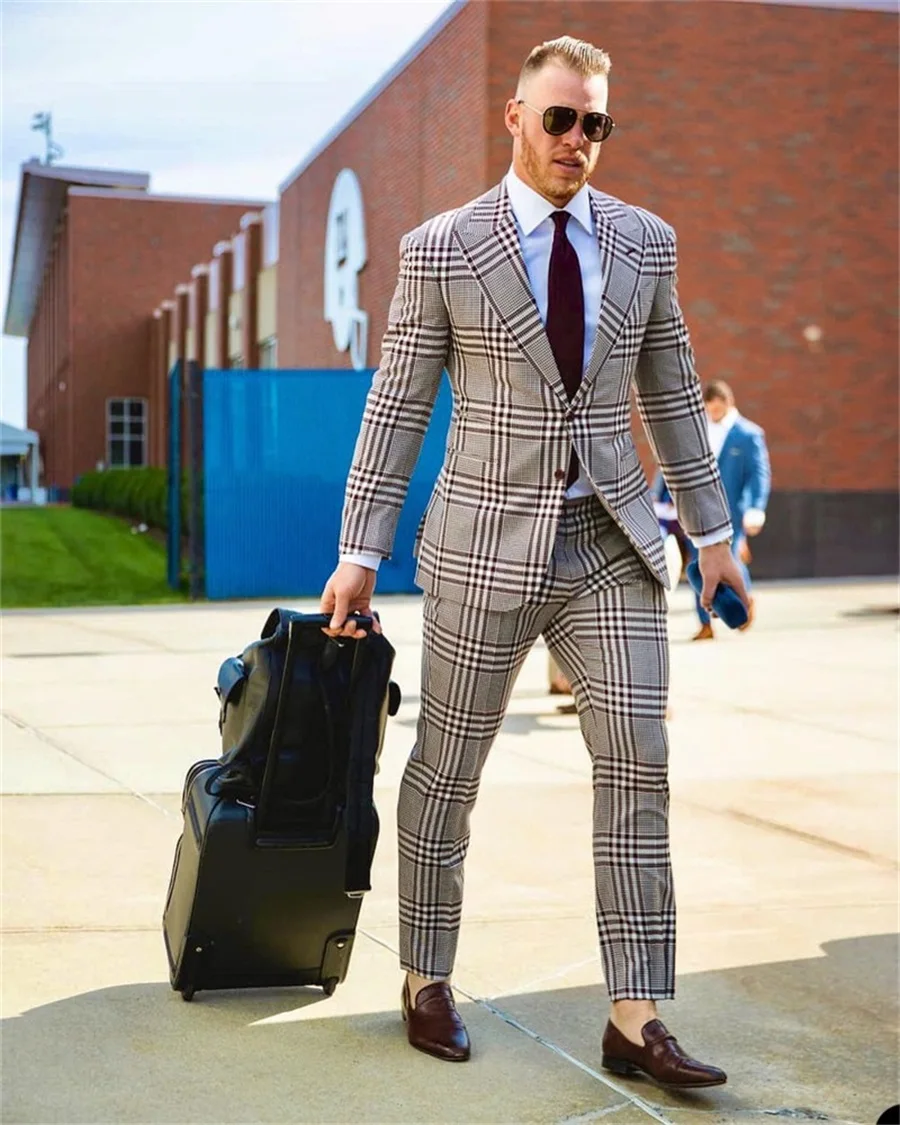 Traje a cuadros grises para hombre, ropa informal de oficina, esmoquin ajustado, 2 piezas (Blazer + Pantalones), botonadura única, Formal, para graduación y noche, hecho a medida