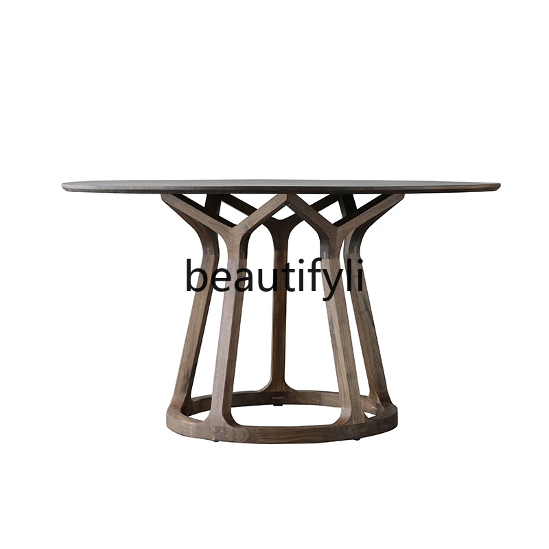 North American black walnut round dining table simple all solid wood round table restaurant with turntable