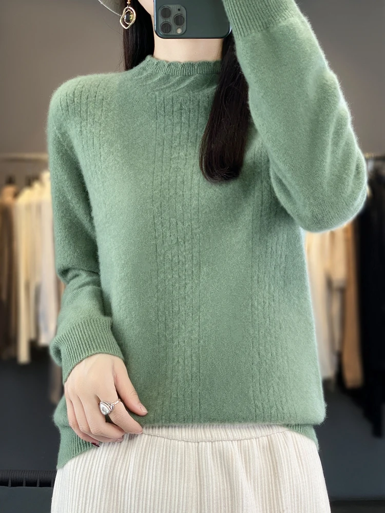 

Women Autumn Winter Sweater 100% Pure Wool Pullover Lace Mock Neck Long Sleeve Cashmere Knitwear Vintage Comfortable Grace New