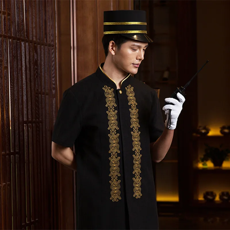 สีดำมารยาท Security Guard หมวกสำหรับผู้ใหญ่สำหรับโรงแรมร้านอาหาร Doorman Waiter อุปกรณ์เสริม Gold Stripe เพลงทีมหมวก