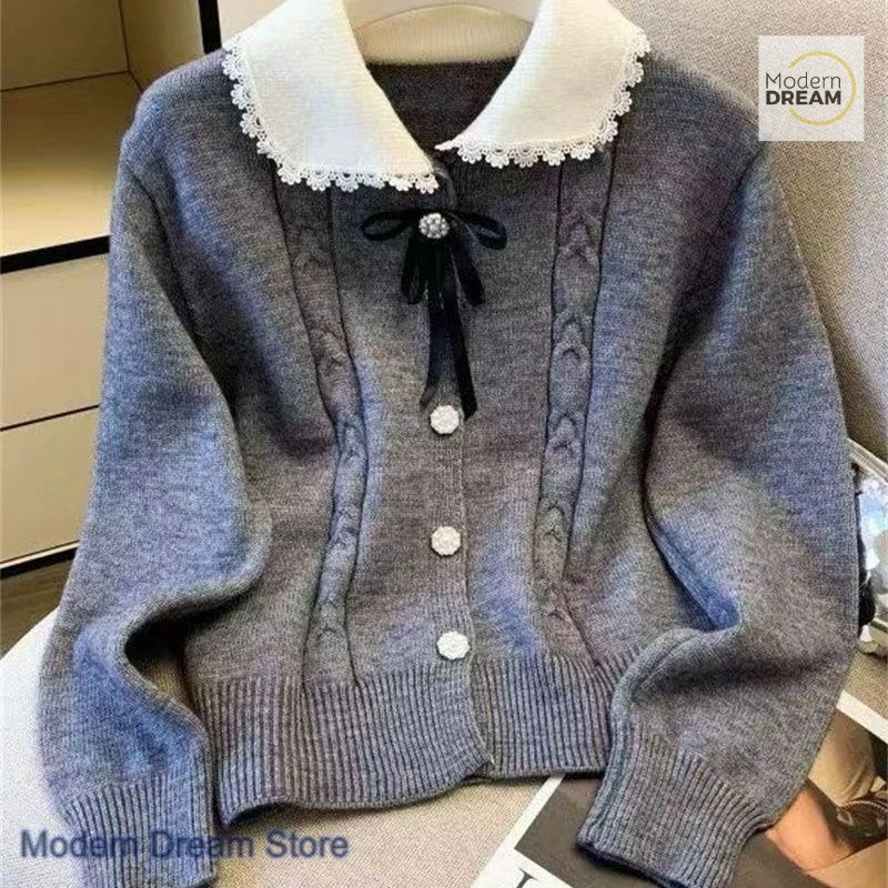 French style sweet and lovely gray sweater doll collar cardigan women's autumn and winter new long-sleeved lace bow casual top