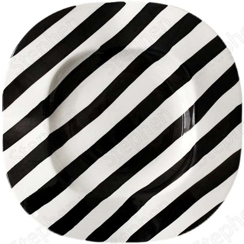 Black White Polka Dot Striped Ceramic Plate Nordic Modern Underglaze Irregular Deep Dish Dessert Plates Afternoon Tea Tableware