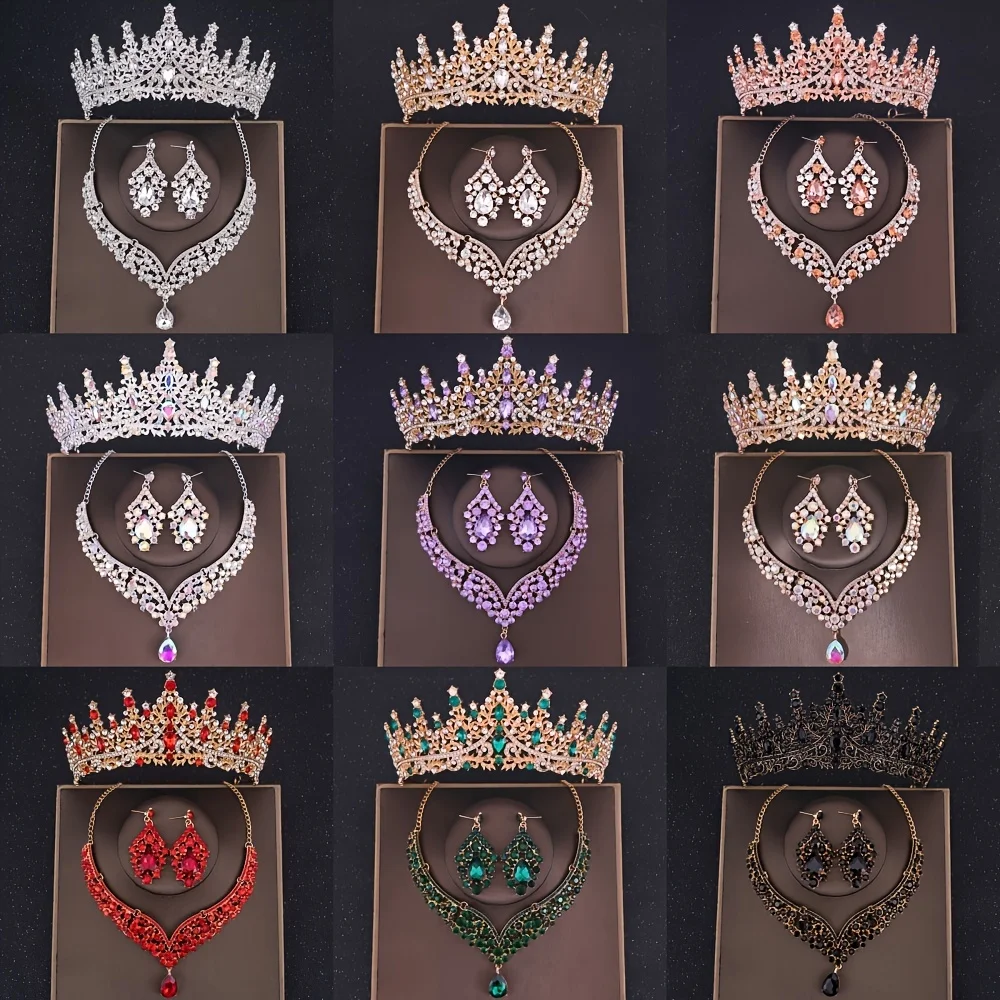 

Набор из 3 предметов: колье, серьги и корона с кристаллами, свадебный комплект украшений с камнями, аксессуары для волос для невесты, свадебная корона-тиара