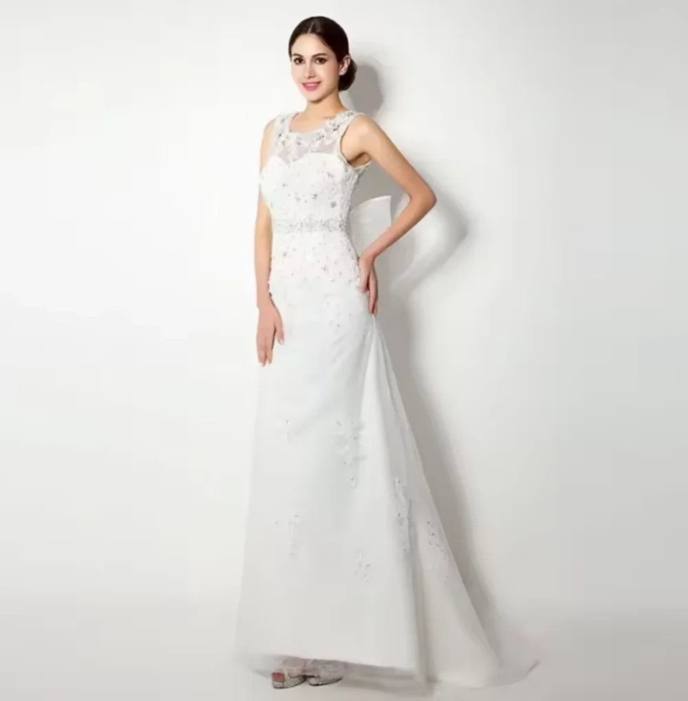 Vestido de novia blanco personalizado, tul, lentejuelas, apliques florales, lazo sin mangas para boda, fiesta de cumpleaños, banquete, vestido de fiesta de noche