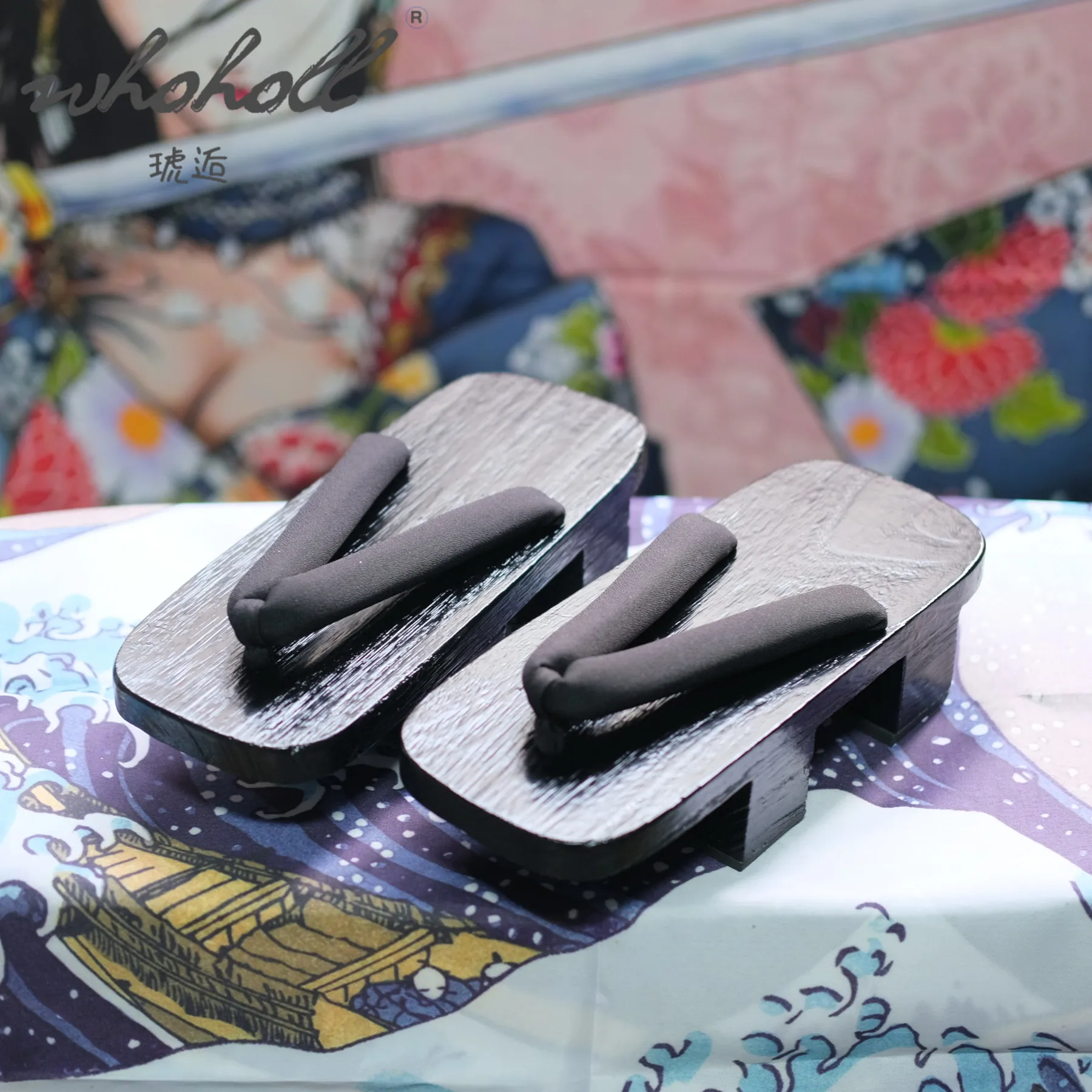 Black Paint Two-teeth Geta Flip Flops Man Women Slippers Japanese Anime Coplay Costumes Thick Platform Wood Clogs Shoes