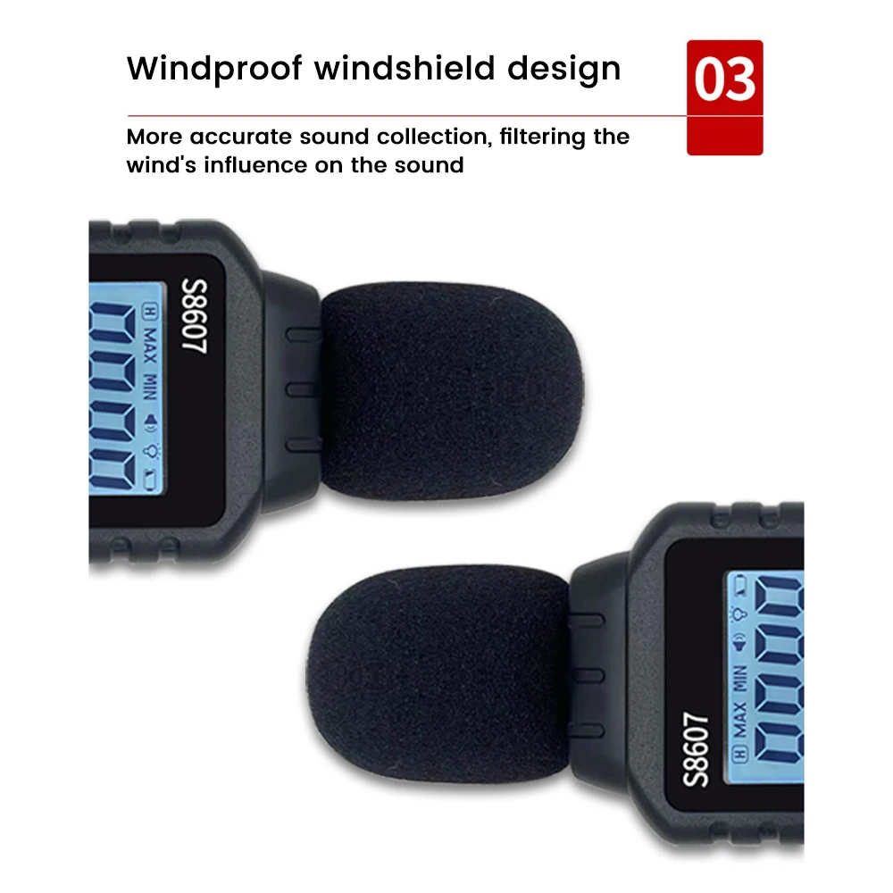 Detector de ruído doméstico com retroiluminação LCD, Medidor Decibel, Tester Volume Ambiental, S8607, 30dB, 130dB