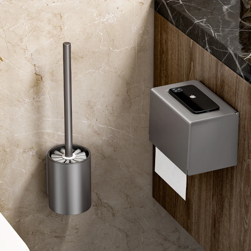 Bathroom Toilet Brush Holder Cleaning Tools Space Aluminum Wall Mounted No Drill Durable Vertical Toilet Brush Black Accessories