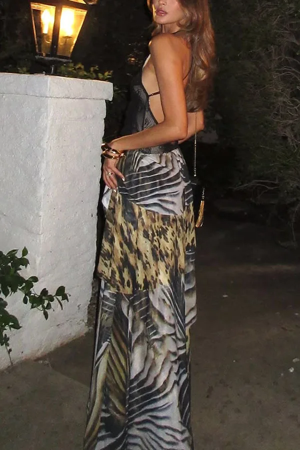 Sexy Halter Neck Long Dresses Women Flower Lace Patchwork Print Party Dresses Hot Girl Backless High Slit Vestidos Fashion Trend