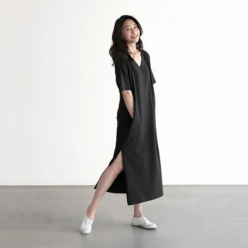 Summer New Women's Dress 2024 Korean Style V-Neck Short Sleeves Cotton Plus Size Modal Dress Loose-Fit Casual Side Slit Long Dre