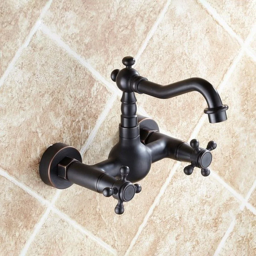 

Wall Mount Dual Handles Black Color Brass Basin Sink Faucet Bathroom Vessel Sink Mixer Taps Bnf263