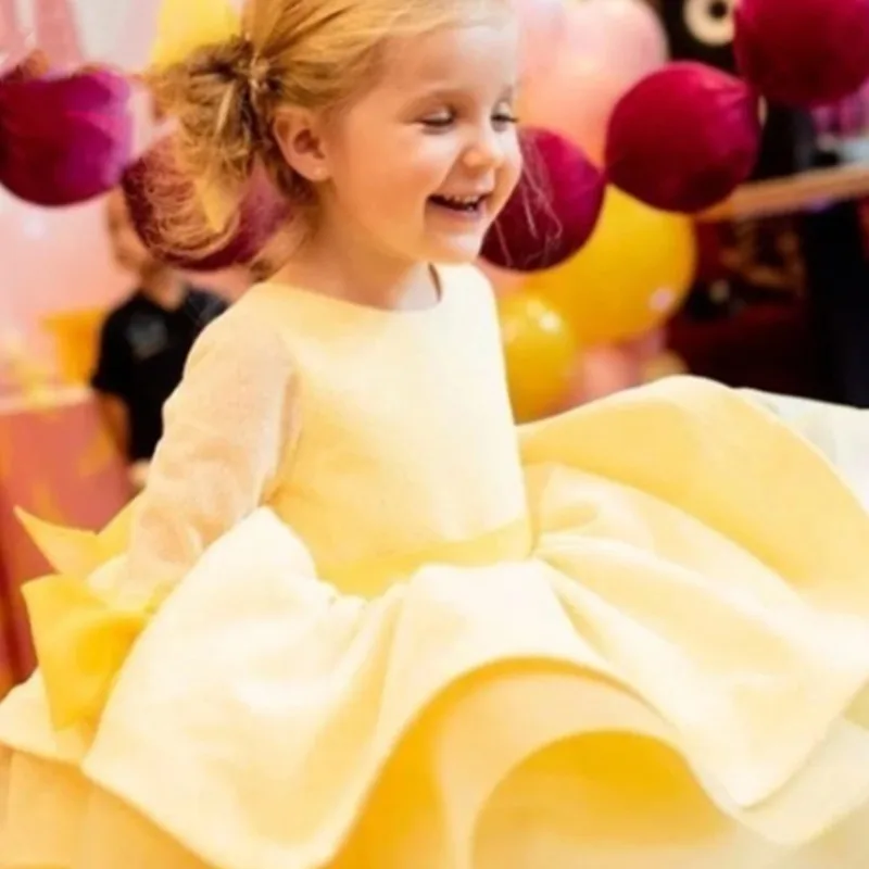 Puffy Yellow Stain Flower Girl Dress First Communion Wedding Children Knee Length Prom Gown Birthday Party Girls' Clothes