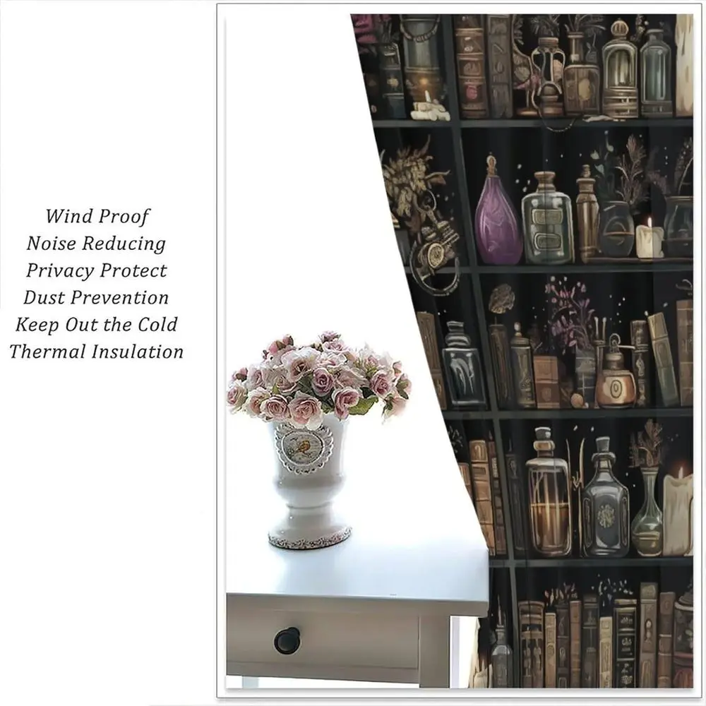 Elegant Gothic-Inspired Book-Patterned Window Curtains with Skull and Floral Accents, 84 x 84 for Living Spaces and Bedrooms