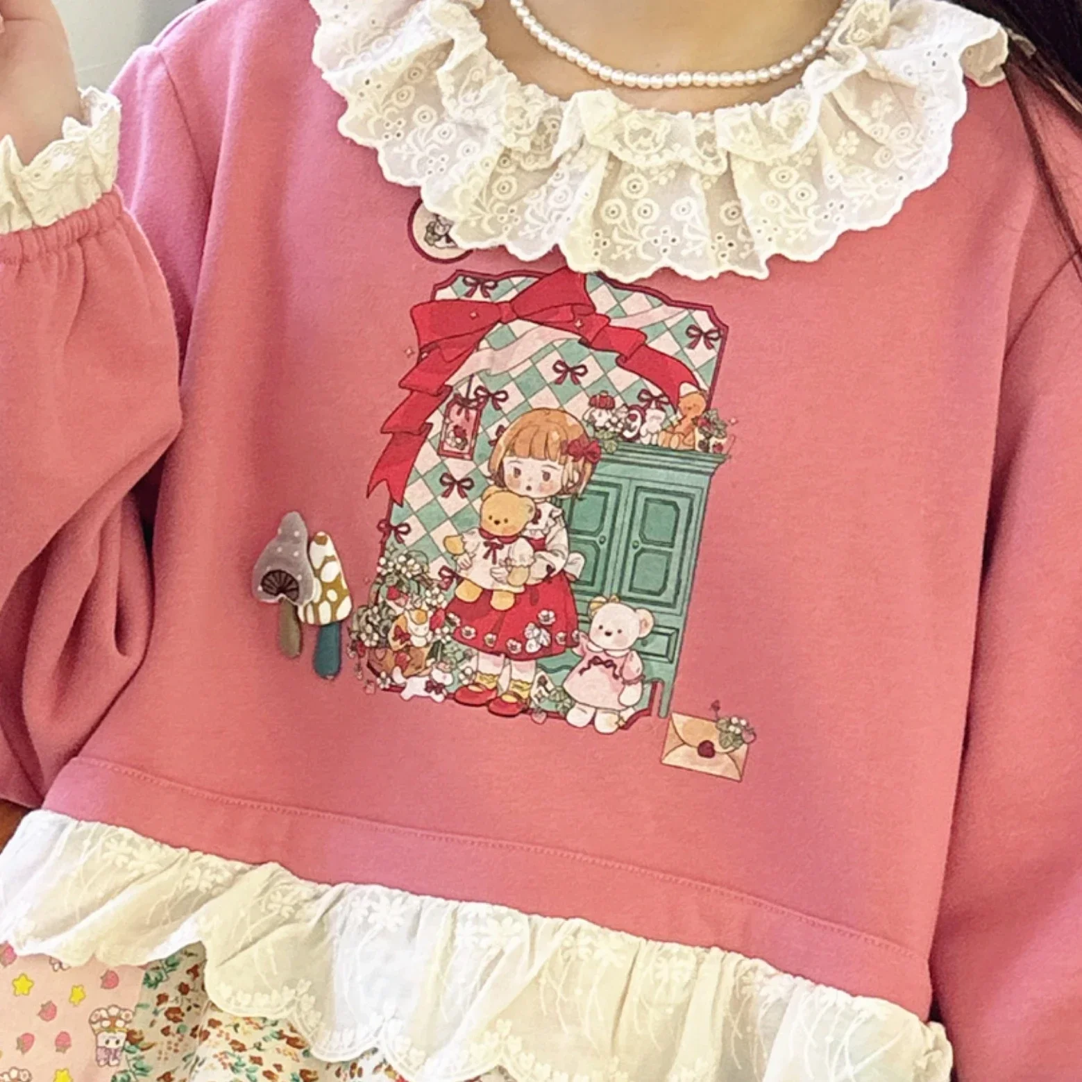 Women Fleece Winter Patchwork Cotton Ruffled Lace Long Sleeve Midi Dress Vintage Cottagecore Mori Girl Harajuku Lolita Dress