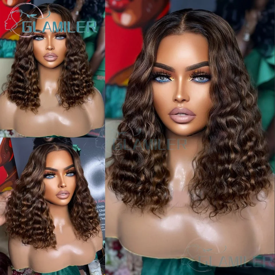 

Short Deep Wavy Bob Dark Brown 13x4 Silk Top Lace Front Wigs Pre Plucked Bleached Knots Deep Wave Short Bob 360/Full Lace Wigs