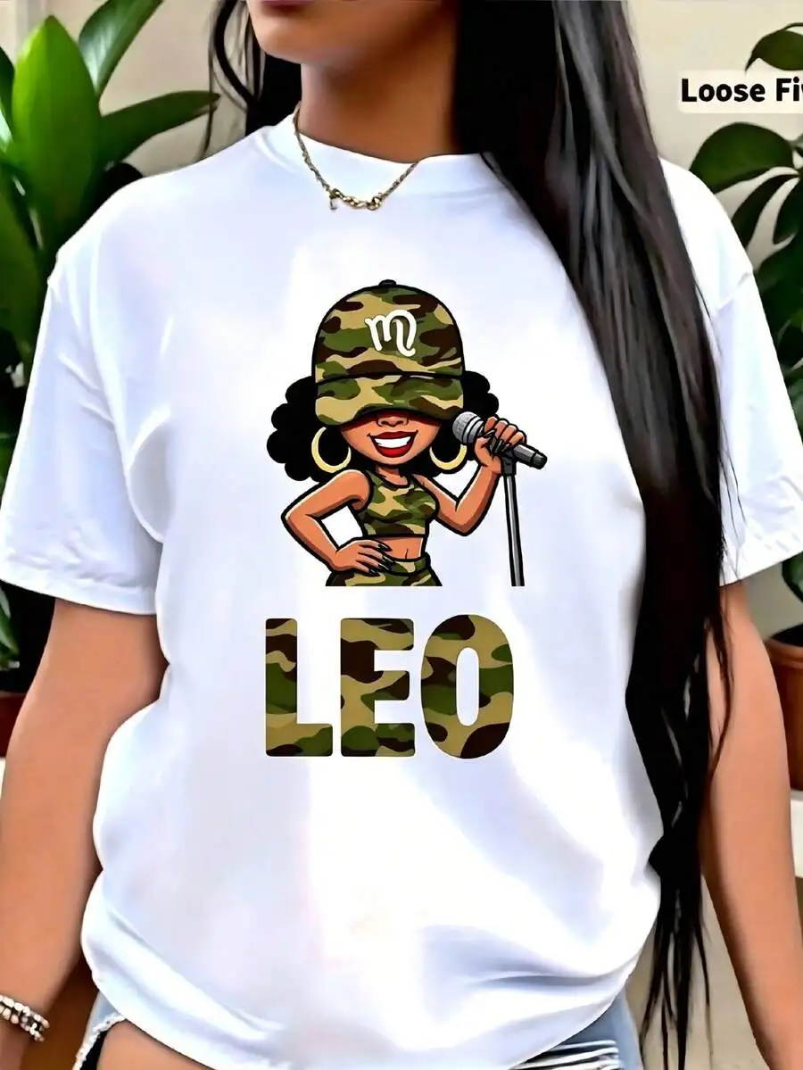 Women's White Cotton T-Shirt With Camouflage Singer Graphic, Casual Short Sleeve Round Neck Top With Slight Stretch For Streetwear Style