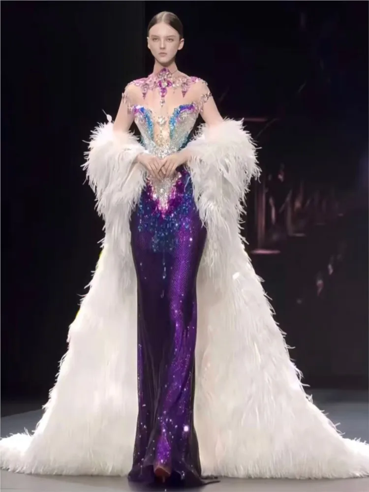 Purple heavy Industry Haute couture light luxury niche fishtail toasting party banquet host dress