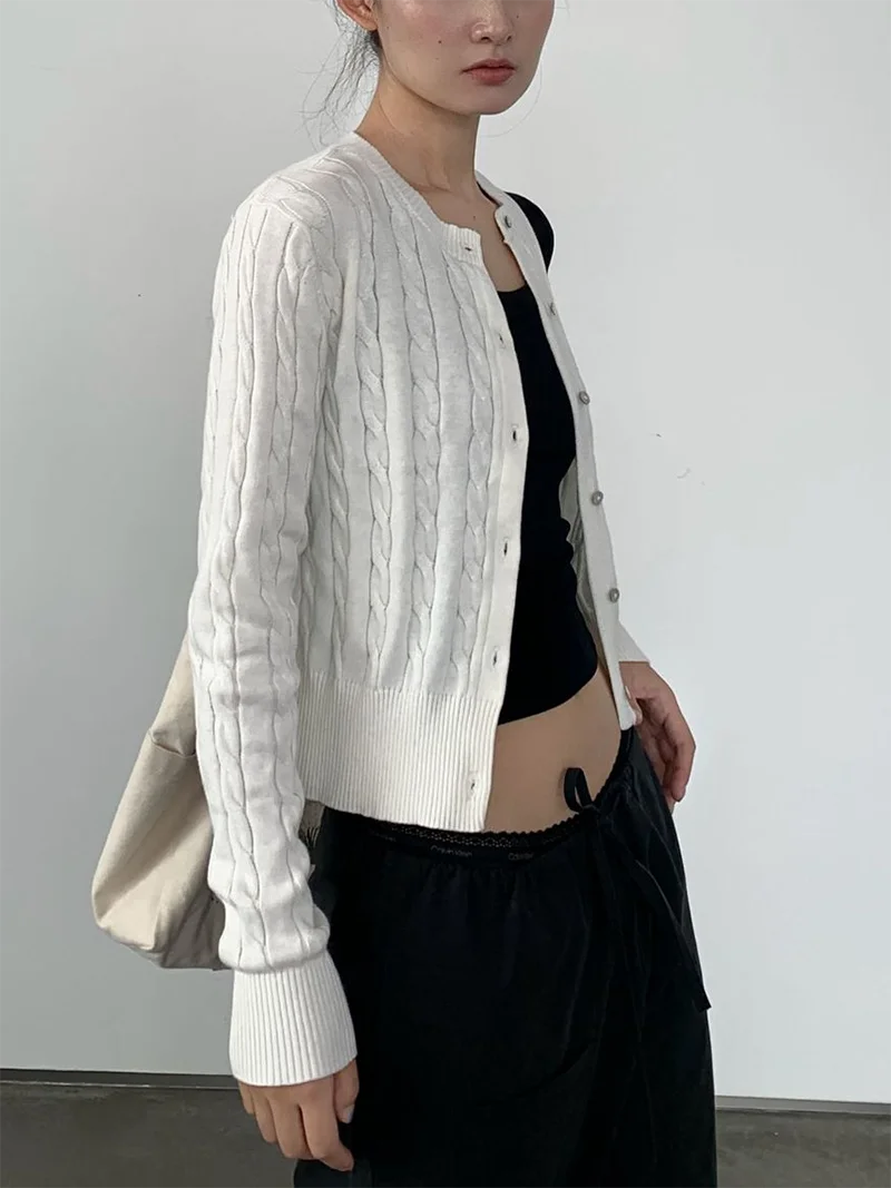 

Cable Knitted Polo Cotton Cardigan Cropped Sweater Cashmere Crew Neck Button Front
