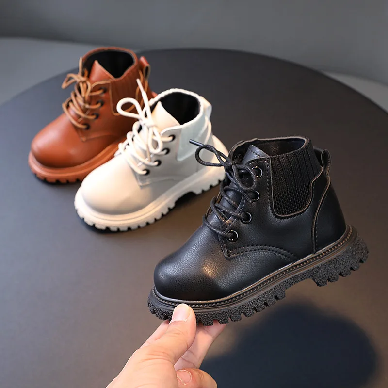 Autumn Winter Kid Lace-up PU Leather Short Boot Children Solid Color Soft-soled Work Boots Boy Girl Lined Warm Shoes Casual Boot