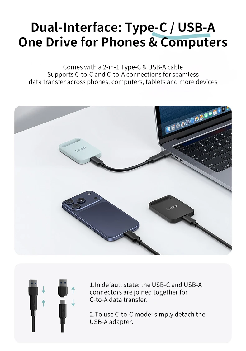 Original Lexar SL260 Air Tragbare SSD 512GB 1TB USB3.2 Gen1 Typ-C 400MB/s Ultraleicht Sturzsicher Für Handy Laptop Mac PC – Detail 13