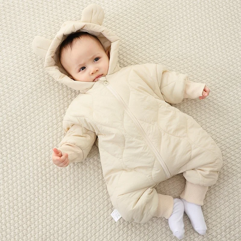 Baby jumpsuit Winter new plush and thick cotton clothes Newborn crawling clothes Baby and children\'s hooded outdoor clothes