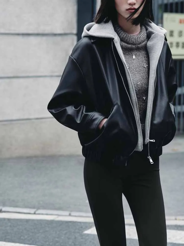 

European and American style autumn new arrivals fashionable trendy women's clothing, versatile patchwork leather effect jacket.