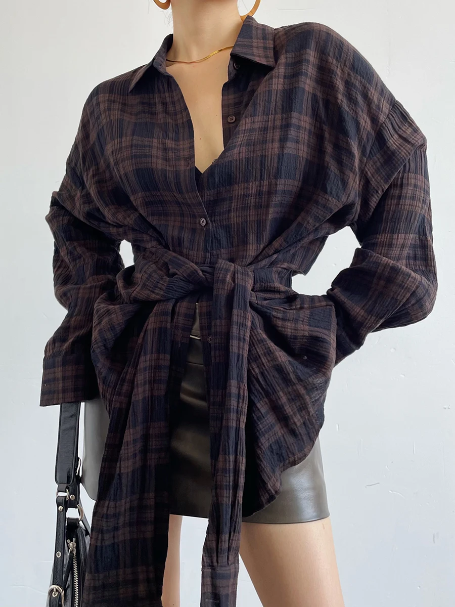 

AcupStudio Jiangyou Upper American Sle Casual Loose irt with Tie Sve Plaid Long Sve Women's Faion Breathable Skin...