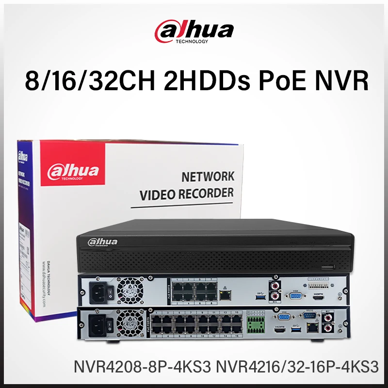 

Видеорегистратор Dahua NVR4208-8P-4KS3, NVR4216, NVR4232-16P-4KS3 на 8, 16, 32 канала с 2 HDD, 8/16 PoE, для IP-камер, система интеллектуального видеонаблюдения