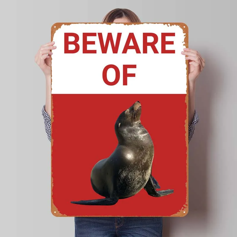 

Beware of Seal Funny Sign Funny Warning Sign Vintage Metal Plate Retro Vintage Metal Tin Signs for Outdoor Wall Decoration Art