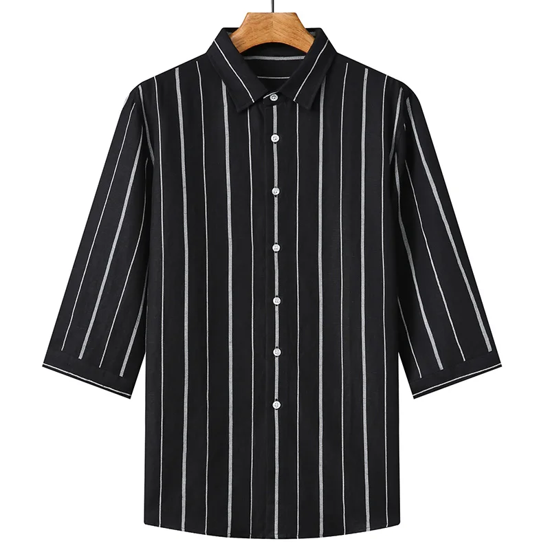 2022 New Summer Men's Casual Blouse Cotton Linen Shirt Black Strips Men T-shirt Male Breathable Slim Fit Tops