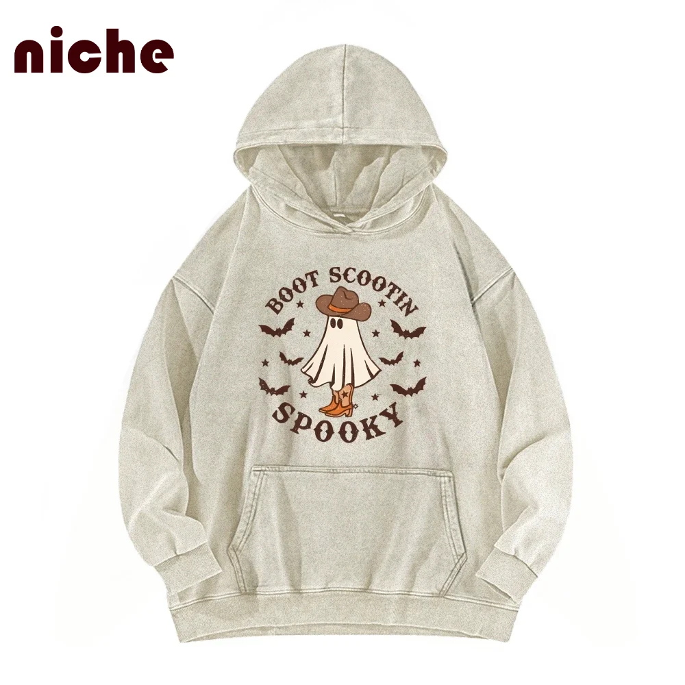 Halloween Neutral Style Hoodie Little Ghost Graphic Print Loose Shoulder Retro Outfit Trendy Sweatshirt New Hooded Sweater