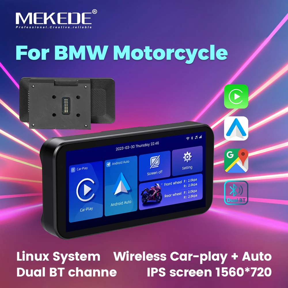 

MEKEDE 6,3 дюйма для мотоцикла BMW, беспроводная автомобильная игровая система + система авто Linux, двойной BT-channe IPS-экран 1560*720, автомобильная GPS-навигация