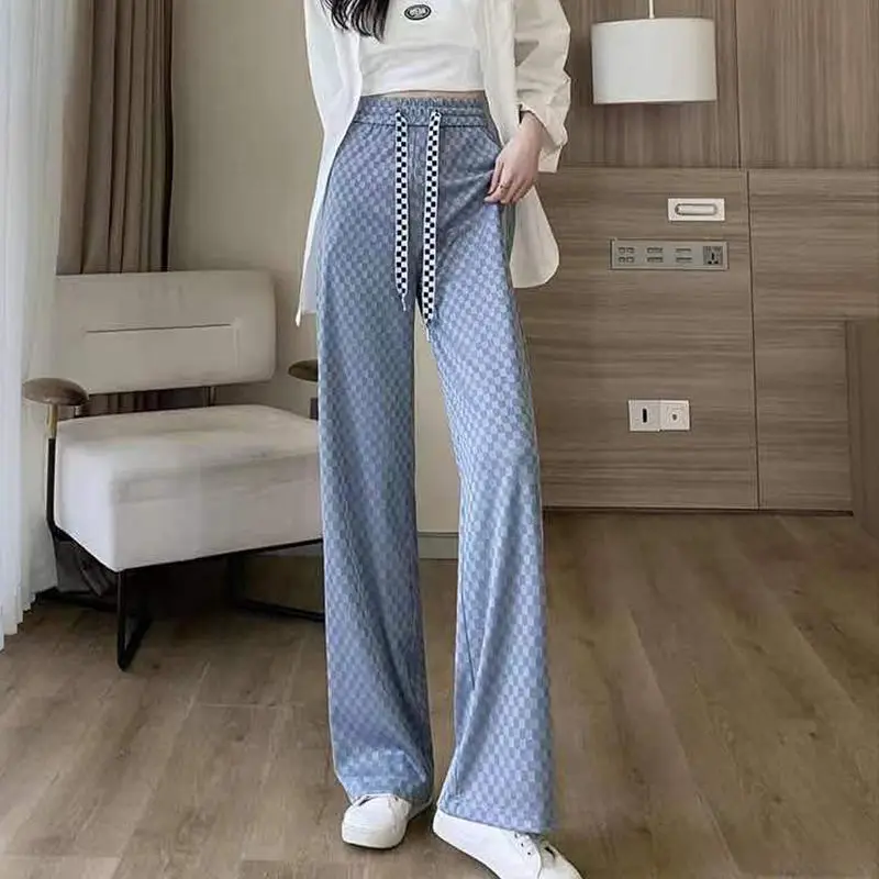 Summer Women\'s Plaid Checked Pants 2024 Fashion Ice Silk Trousers for Women High Waist Korean Style Wide Leg Palazzo Straight