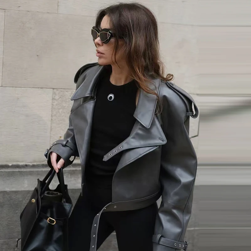 HXAO Cropped leren jas damesjas herfst 2025, bordeaux zwart Outerwears dames topjas met lange mouwen motorjas