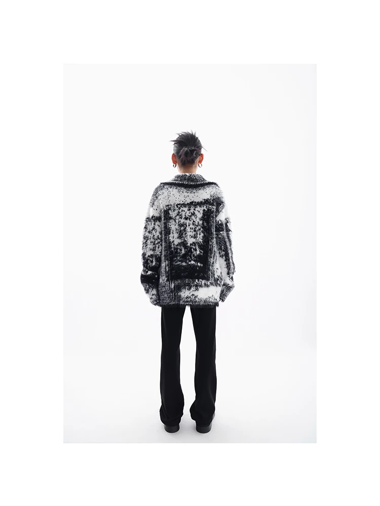 2023 Winter Lapel Loose Female Sweater Harajuku Oversize Tie Dye Contrast Color Women Knit Teddy Jacket Fluffy Plush Knitwear