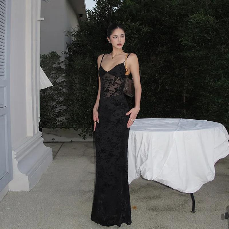 

Black Lace Evening Dress Sexy Sheer See Through Sleeveless Backless Formal Birthday Sheath Slim Long Party Prom Gown Robe
