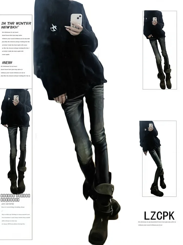 

Ретро-джинсы американского стиля для женщин: новые осенне-зимние ультрамодные панк-брюки в стиле Y2K, облегающие, с легким клешем, для создания эффекта стройности