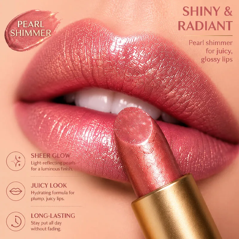 Waterproof Glossy Rose Pink Lipstick Long Lasting Moisturizing Shine Lip Color Non Stick Cup Gold Tube Makeup Cosmetic Women