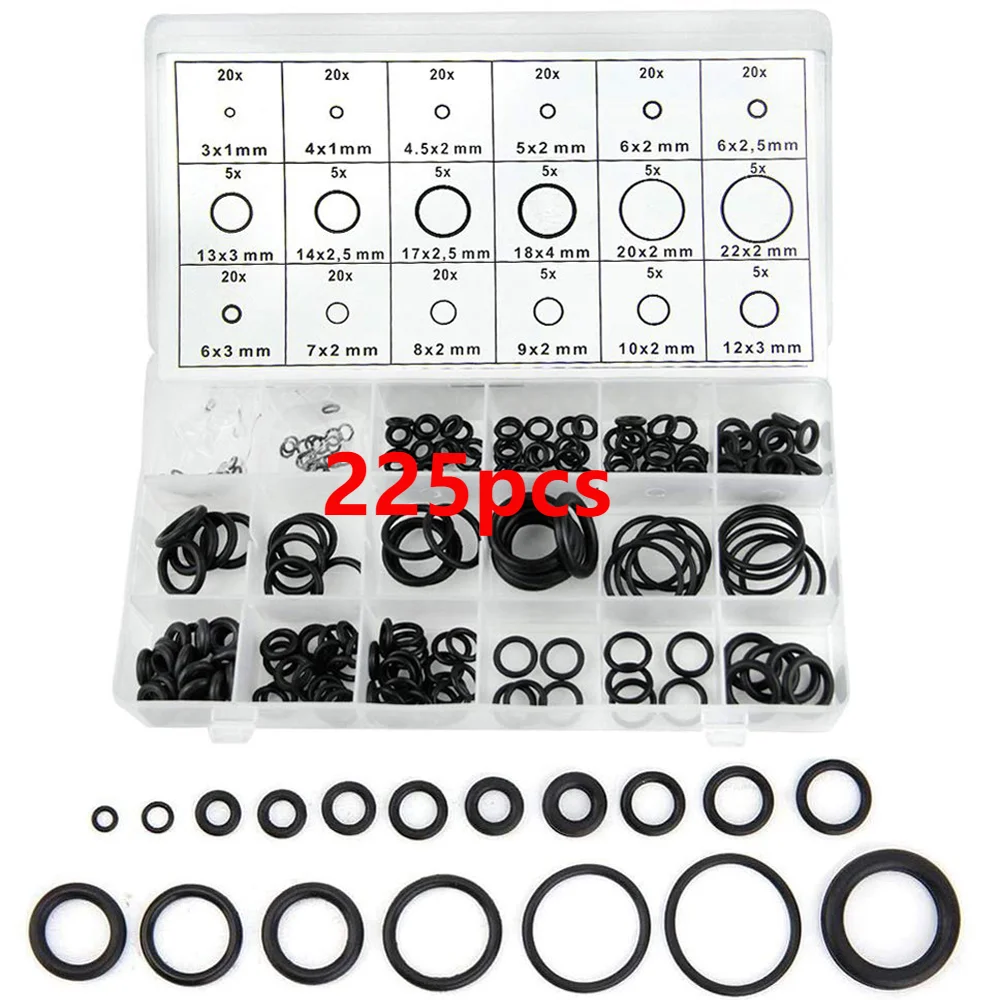 225PCS Rubber O Ring Oil Resistance O-Ring Washer Gasket Seals Watertightness Assortment Different Size and Plastic Box Kit Set