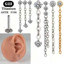 1PC ASTM F136 Titanium Labret Drop Earring with Zircon Daith Rook Lobe Long Pendant Flat Backing Earring Piercing Jewelry 16G