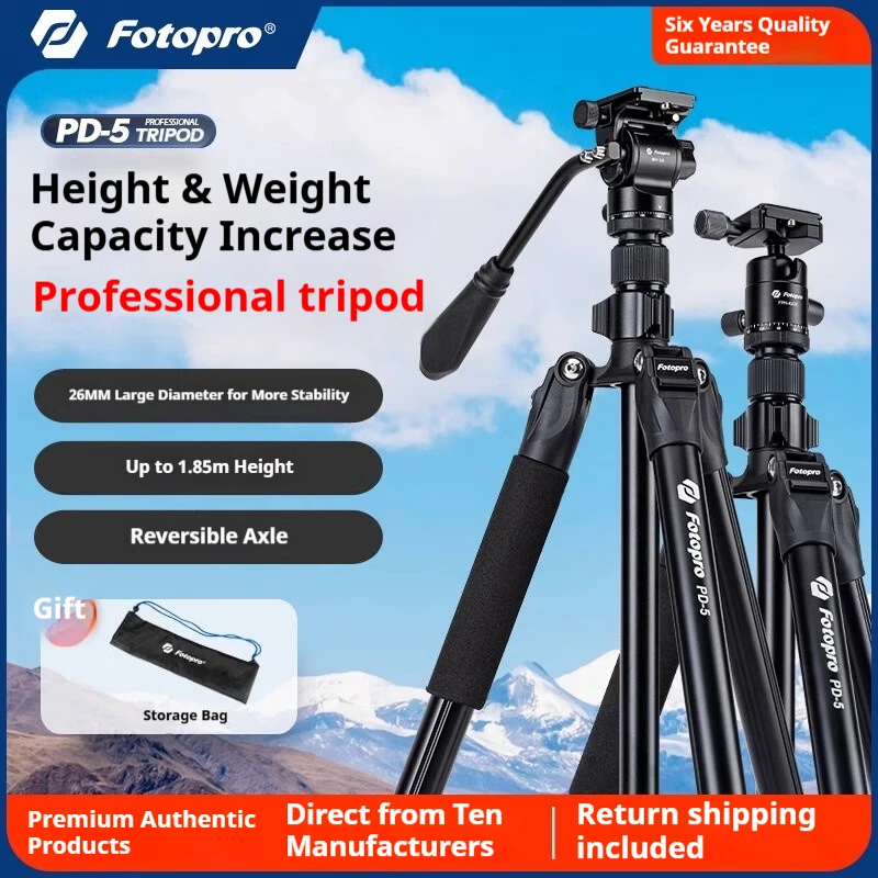 Fotopro PD5+42QC 1.85미터 DSLR 삼각대 – 짧은 비디오 촬영용 휴대용 유압 댐핑 삼각대, 알루미늄 합금